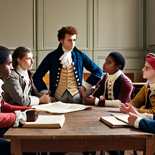 Home 15 **Group of students actively engaged in a history class discussion, debating the causes of the French Revolution, with diverse perspectives represented.**