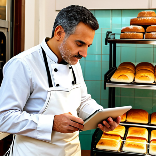 Home 7 A professional man, fully clothed in a modest, clean baker's apron over appropriate attire, confidently standing in a well-lit, traditional bakery in Valencia, Spain. He is looking at a tablet, subtly demonstrating the integration of e-commerce. The background features warm-toned bread displays and a hint of a traditional oven, blending classic craftsmanship with modern digital tools. Perfect anatomy, correct proportions, natural pose, well-formed hands, proper finger count, natural body proportions. Safe for work, appropriate content, fully clothed, professional, high-quality photograph.