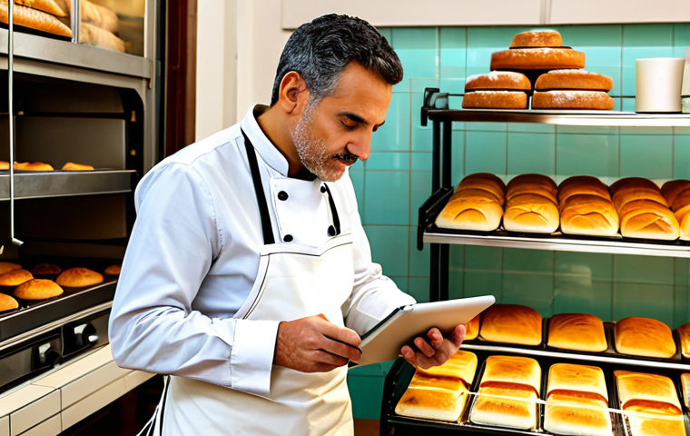 A professional man, fully clothed in a modest, clean baker's apron over appropriate attire, confidently standing in a well-lit, traditional bakery in Valencia, Spain. He is looking at a tablet, subtly demonstrating the integration of e-commerce. The background features warm-toned bread displays and a hint of a traditional oven, blending classic craftsmanship with modern digital tools. Perfect anatomy, correct proportions, natural pose, well-formed hands, proper finger count, natural body proportions. Safe for work, appropriate content, fully clothed, professional, high-quality photograph.