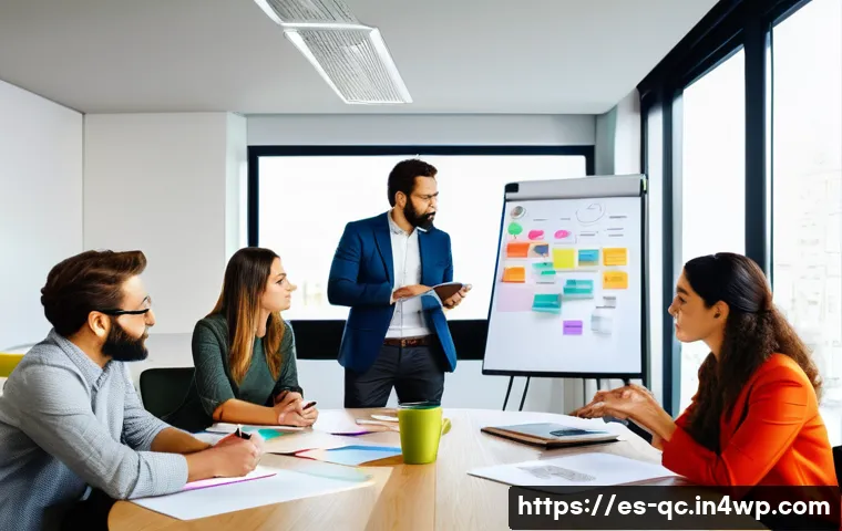 개념의 깊이를 더하는 질문 기술 - A professional Spanish-speaking business meeting scene in a modern office, diverse group of adults e...
