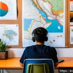 효율적 개념 학습을 위한 커리큘럼 개발 - A modern study room with a young adult Hispanic student sitting at a tidy desk filled with organized...